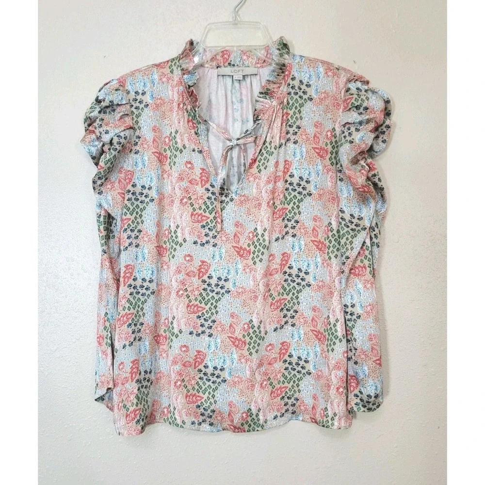 Loft Pink‎ Floral Blouse With Long Puffed Ruched Sleeves Blouse Sz M